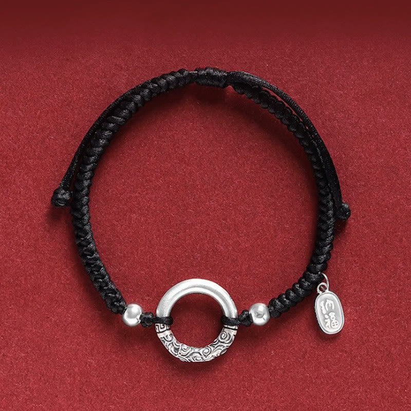 Buddha Stones 925 Sterling Silver Black Onyx Peace Buckle Fu Character Charm Bracelet Bracelet BS Peace Buckle&Silver Beads Fu Character Charm(Wrist Circumference 14-26cm)