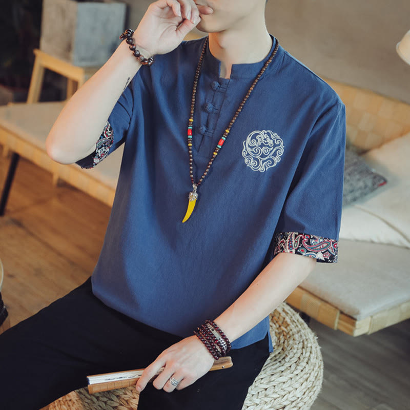 Buddha Stones Frog-Button Dragon Embroidery Chinese Tang Suit Short Sleeve Shirt Linen Men Clothing Men's Shirts BS 40