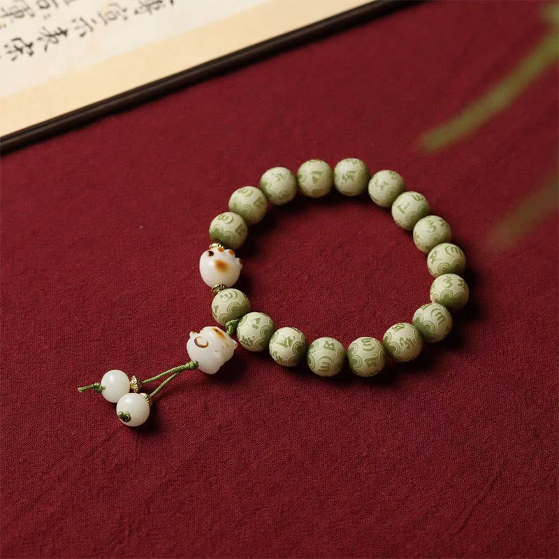 Buddha Stones Green Bodhi Seed Cat Paw Om Mani Padme Hum Engraved Wisdom Bracelet Bracelet BS Bodhi Seed(Auspiciousness♥Luck)