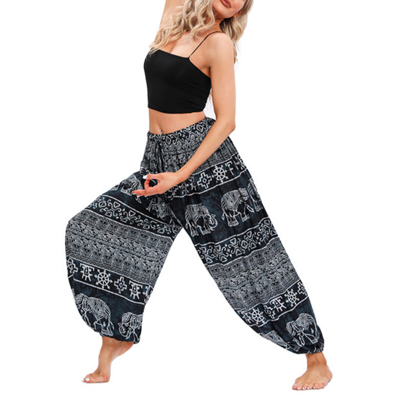 Buddha Stones Elephant Geometry Pattern Casual Loose Harem Trousers Women's Yoga Pants Women's Harem Pants BS Black(Waist 60-95cm/Hips 170cm/Length 98cm)