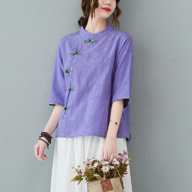 Buddha Stones Floral Pattern Frog-Button Half Sleeve Cotton Linen Shirt Women's Shirts BS MediumPurple 2XL(Fit for US8-10; UK/AU12-14; EU40-42)