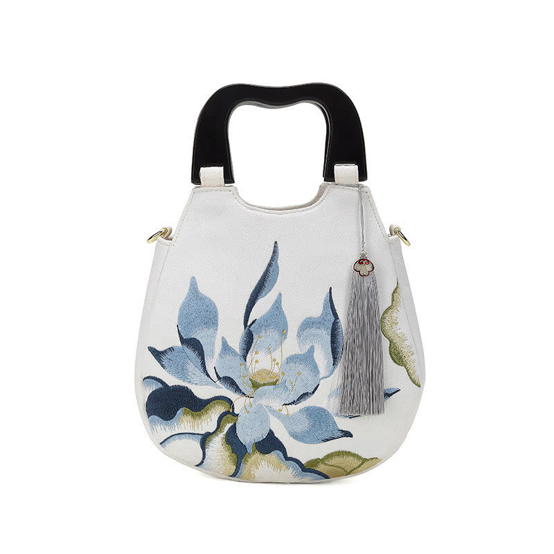 Buddha Stones Lotus Embroidery Handbag Crossbody Bag Crossbody Bag&Handbags BS 2