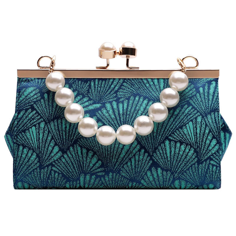 Buddha Stones Vintage Peacock Blue Leaf Pattern Pearl Metal Handbag Handbags BS 10