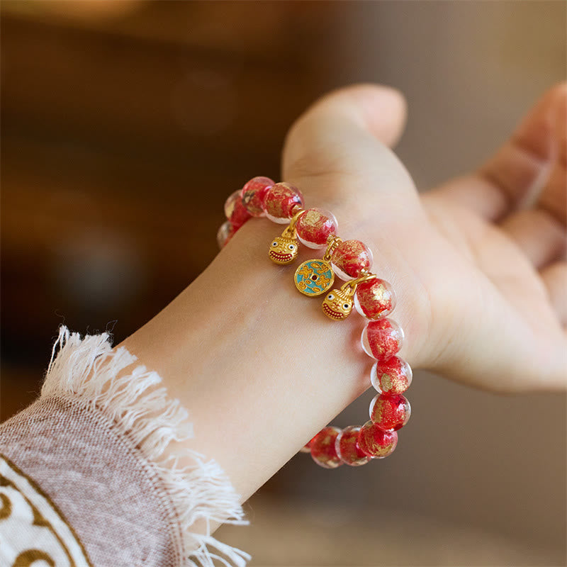 Buddha Stones Gold Swallowing Beast Copper Coin Good Luck Charm Liuli Glass Bead Fortune Bracelet Bracelet BS Red Liuli Glass Bead(Wrist Circumference 14-16cm)