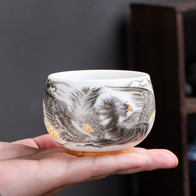 Buddha Stones Phoenix White Porcelain Ceramic Teacup Kung Fu Tea Cup 185ml With Gift Box Cup BS 5