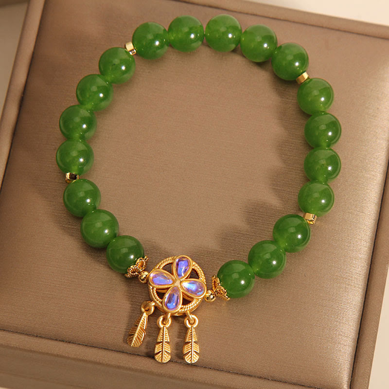 Buddha Stones Green Jade Dreamcatcher Four Leaf Clover Luck Bracelet Bracelet BS 4