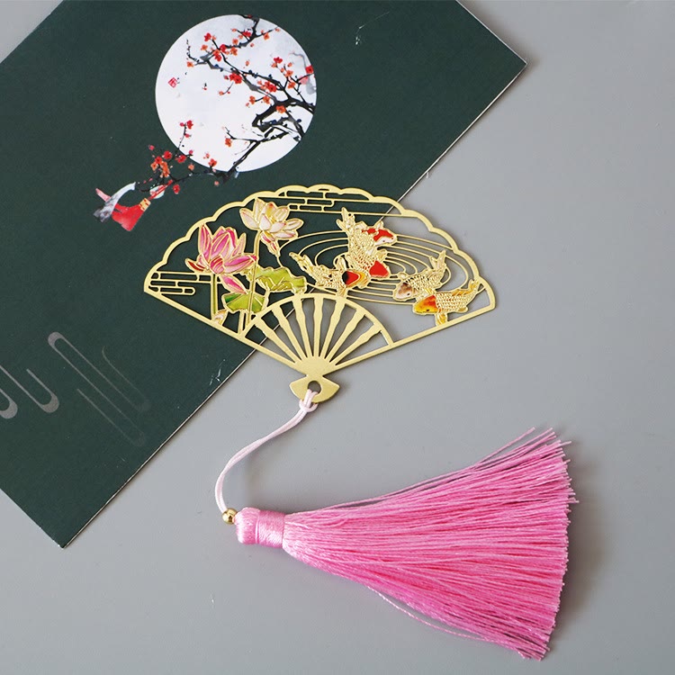 Buddha Stones Traditional Butterfly Lotus Flower Crane Dragon Phoenix Fox Koi Fish New Beginning Metal Brass Hollow Fan Bookmarks Bookmarks BS Koi Fish Lotus Flower