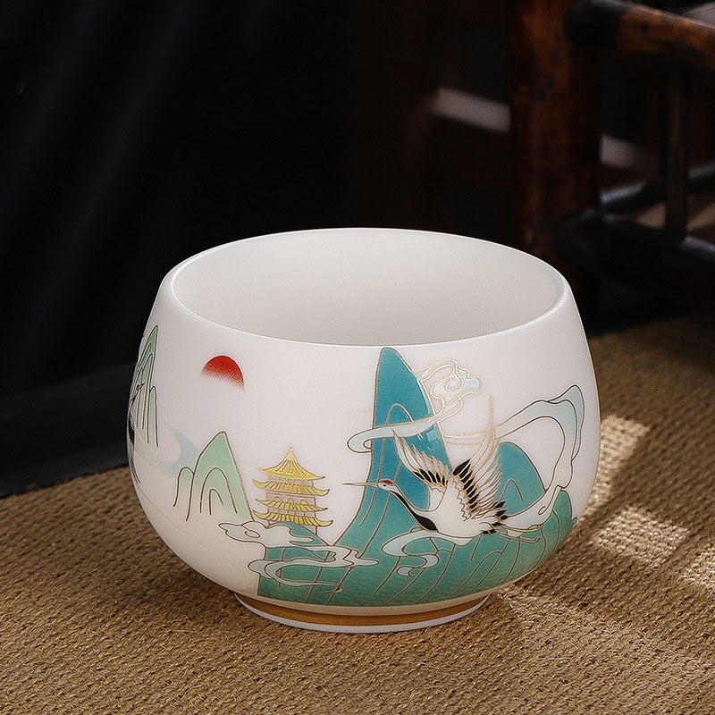 Buddha Stones Dragon Cicada Bamboo Deer Crane Lotus Plum Flower Ceramic Teacup Kung Fu Tea Cup Bowl 185ml Cup BS Auspicious Clouds Crane 8.5cm*5.5cm*185ml