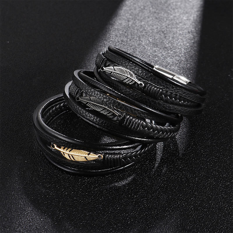 Buddha Stones Feather Pattern Multilayer Leather Titanium Steel Calm Braided Magnetic Buckle Bracelet Bracelet BS 1