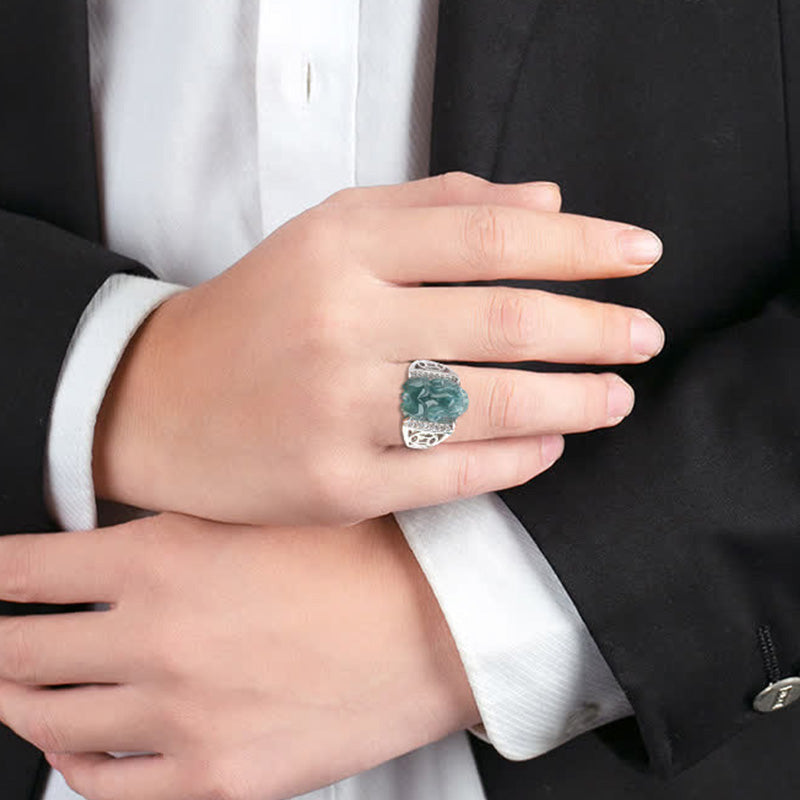Buddha Stones 925 Sterling Silver Fengshui Wealth Prosperity Jade PiXiu Luck Ring Ring BS 11