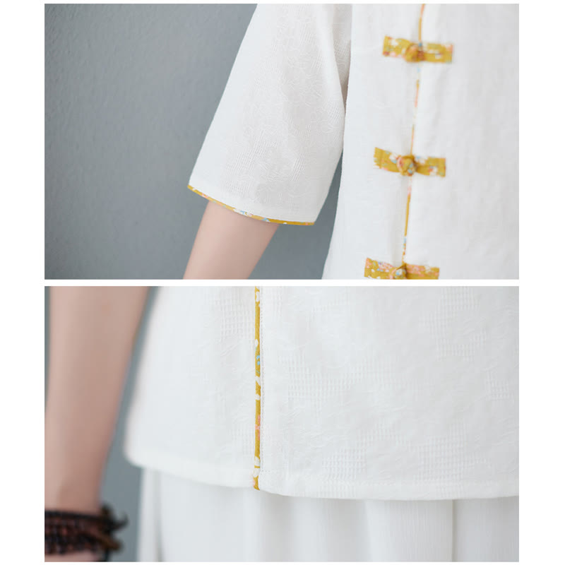 Buddha Stones Floral Pattern Frog-Button Half Sleeve Cotton Linen Shirt Women's Shirts BS 5