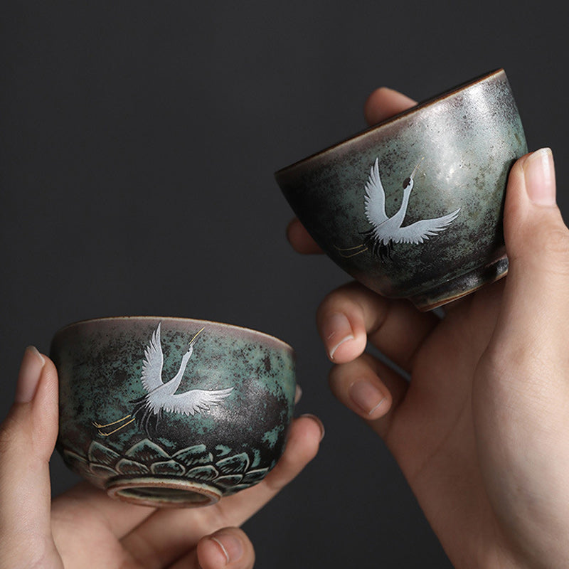 Buddha Stones Auspicious Crane Ceramic Teacup Kung Fu Tea Cup Bowl Cup BS main
