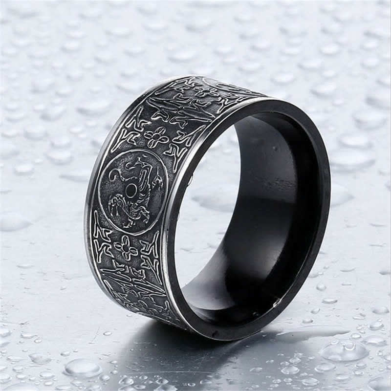 Buddha Stones Four Guardian Beast Dragon White Tiger Suzaku Basalt Carved Success Luck Ring Ring BS 1