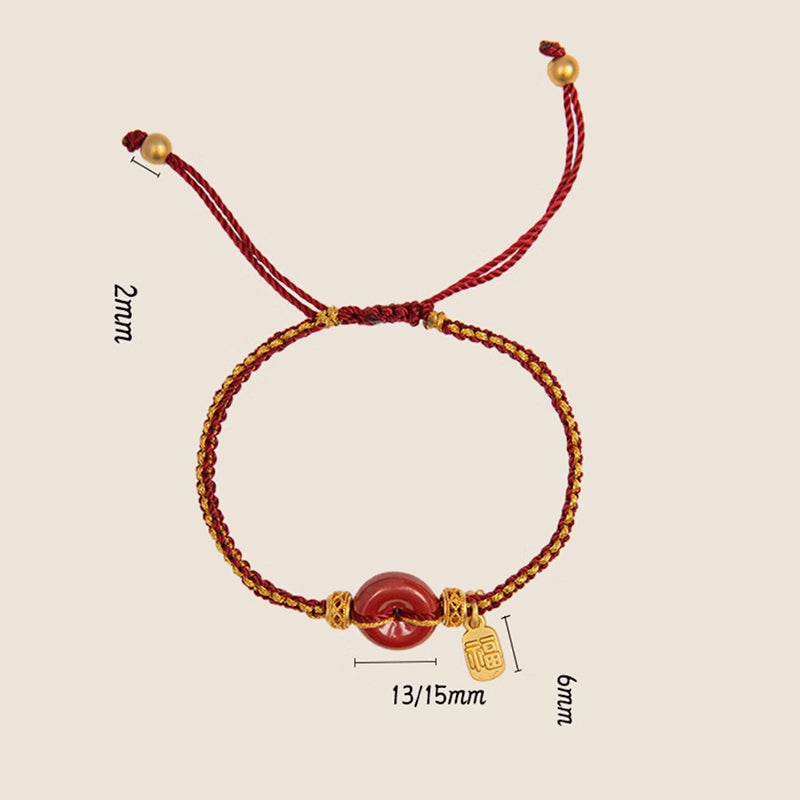 Buddha Stones Natural Cinnabar Peace Buckle Fu Character Charm Blessing Braided Bracelet Bracelet BS 13