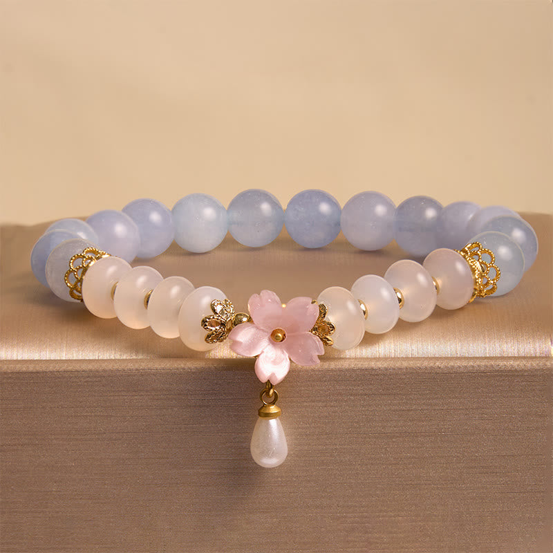 Buddha Stones Aquamarine White Agate Pearl Abacus Beads Flower Healing Bracelet Bracelet BS 7