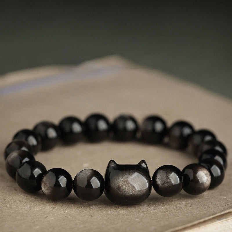 Foviel Gold Sheen Obsidian Silver Sheen Obsidian Lovely Paw Lucky Cat Protection Bracelet