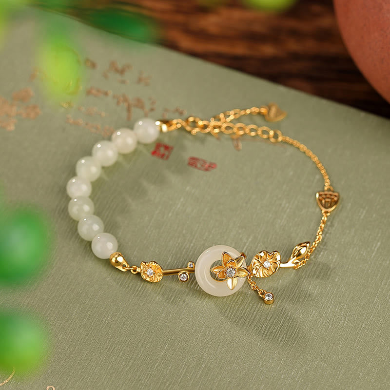 Buddha Stones 925 Sterling Silver Hetian Jade Peace Buckle Lotus Luck Chain Bracelet Bracelet BS 925 Sterling Silver Plated Gold(Wrist Circumference 14-17cm)