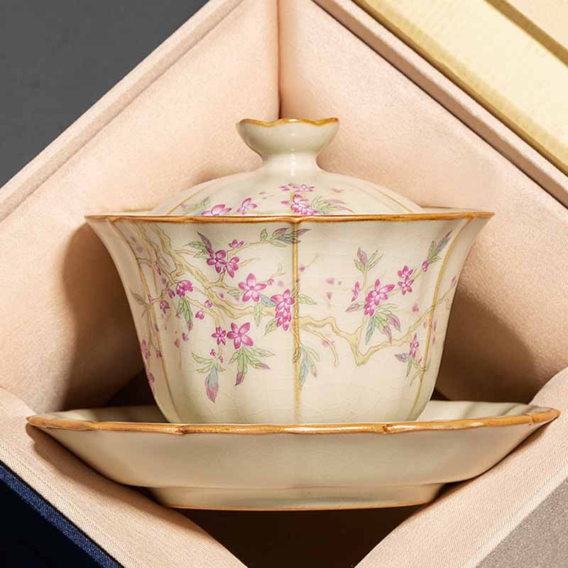 Buddha Stones Beige Plum Blossom Shape Peach Branch Ceramic Gaiwan Sancai Teacup Kung Fu Tea Cup With Lid Cup BS Peach Branch With Gift Box