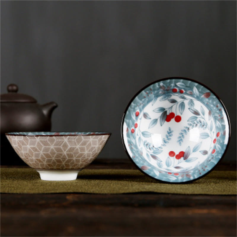 Buddha Stones Flowers Fu Character Mountains Lotus Cherry Blossoms Ceramic Teacup Kung Fu Tea Cup Cup BS Red Cherry Sky Blue Branches 8.5cm*4cm*90ml