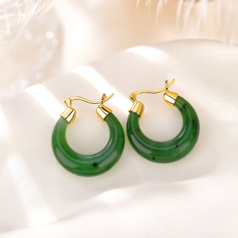 Buddha Stones 925 Sterling Silver Plated Gold Natural Round Hetian Cyan Jade Luck Drop Earrings Earrings BS 2