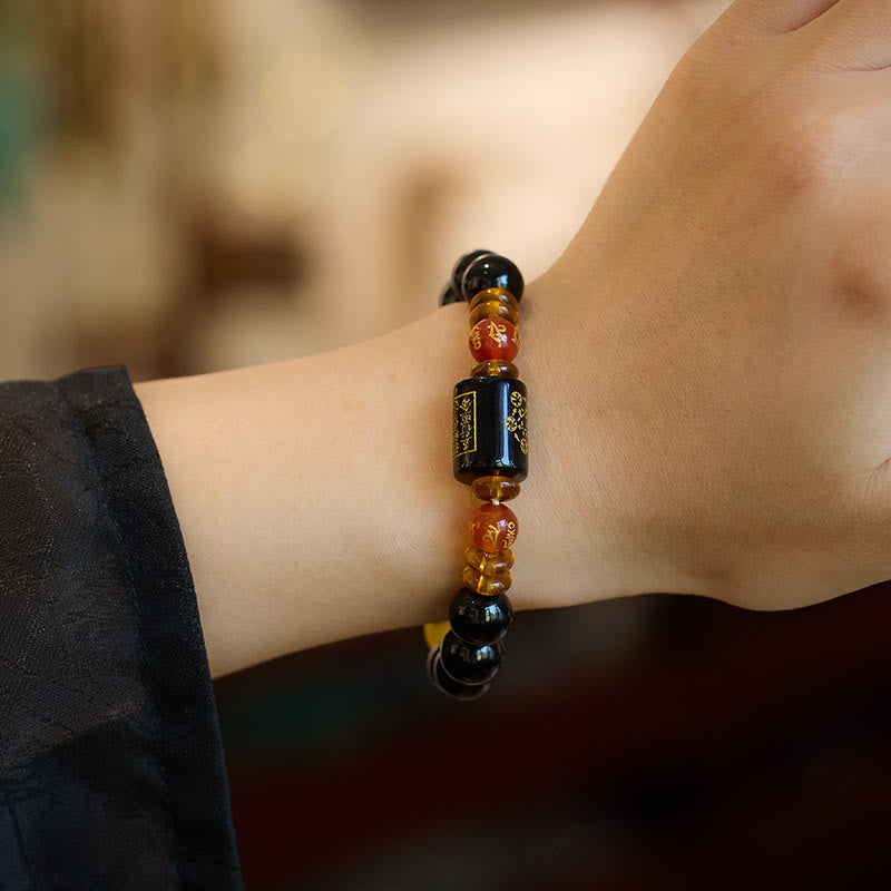 Buddha Stones Five Elements Black Onyx Red Agate Wisdom Wealth Bracelet Bracelet BS 4