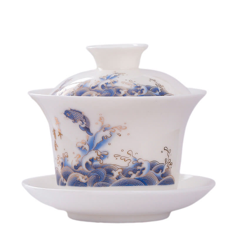 Buddha Stones White Porcelain Mountain Landscape Countryside Ceramic Gaiwan Teacup Kung Fu Tea Cup And Saucer With Lid Cup BS 11