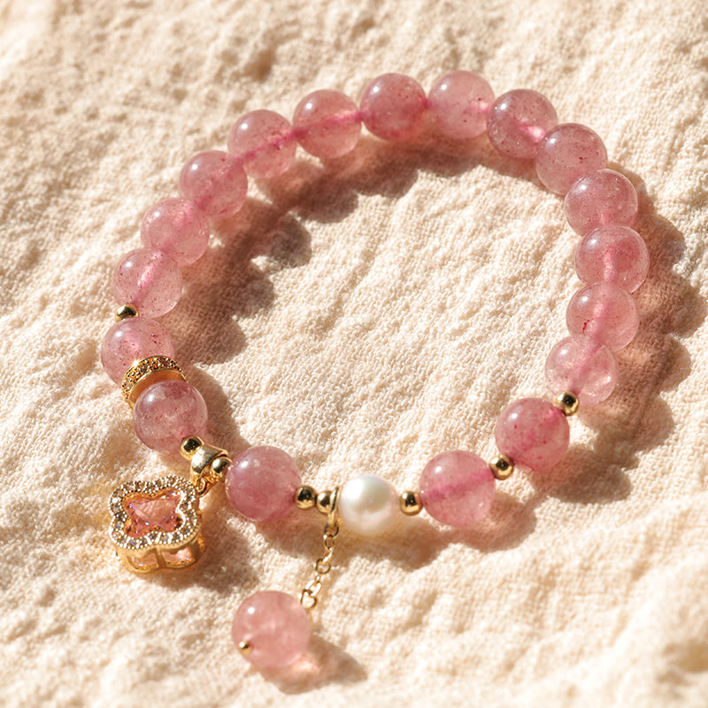 Foviel Strawberry Quartz Pearl Four Leaf Clover Charm Healing Bracelet