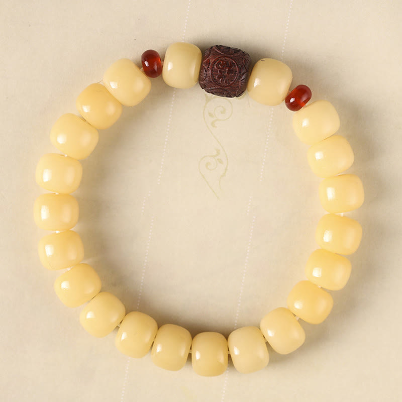 Buddha Stones Bodhi Seed Auspicious Cloud Fu Character Bead Peace Bracelet Bracelet BS Yellow Bodhi Seed(Wrist Circumference 14-15cm) Small Leaf Red Sandalwood Fu Character