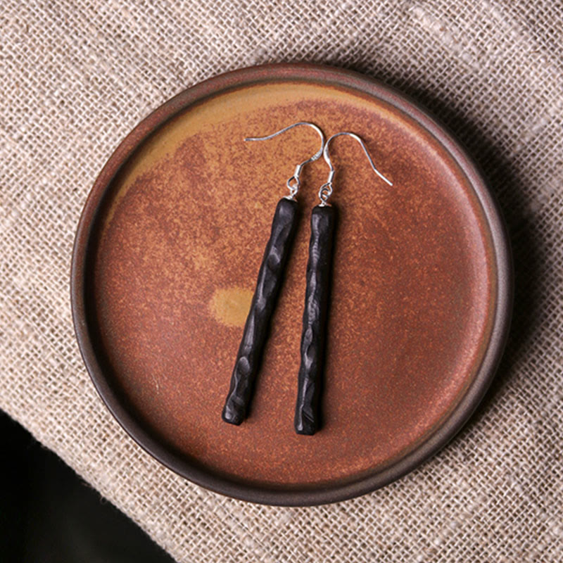 Buddha Stones 925 Sterling Silver Ebony Wood Texture Balance Peace Drop Dangle Earrings Earrings BS 9