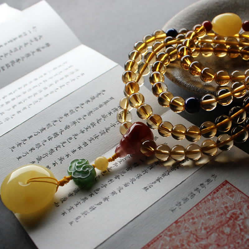 108 Mala Beads Natural Citrine Amber Peace Buckle Red Agate PiXiu Protection Charm Bracelet Mala Bracelet BS 8