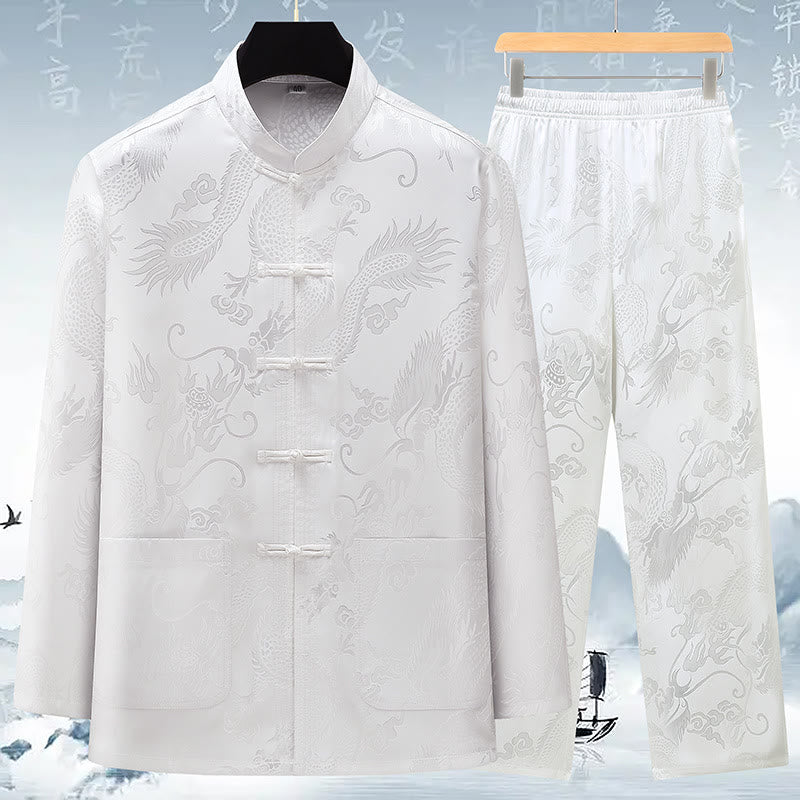 Buddha Stones Tang Suit Men Hanfu Chinese Dragon Traditional Clothes Kung Fu Shirt Uniform Long Sleeved Coat Tops and Pants Clothing Men's Set - White - US/UK/AU42,EU52 (3XL) - image 16