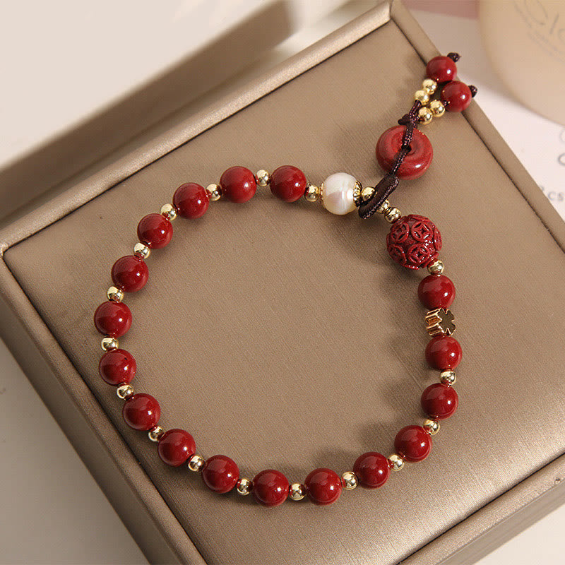 Buddha Stones Natural Cinnabar Peace Buckle Copper Coin Charm Blessing Bracelet Bracelet BS 4