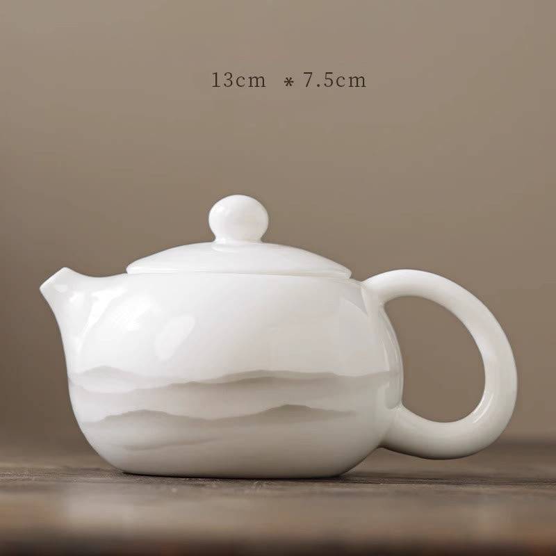 Buddha Stones Vintage Ink Painting Mountain White Porcelain Ceramic Gaiwan Sancai Teacup Kung Fu Tea Cup And Saucer With Lid Tea Utensil Teapot Cup BS Teapot 13cm*7.5cm*220ml