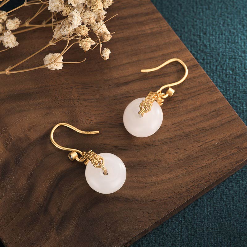 Buddha Stones White Jade Double Happiness Fortune Earrings Earrings BS 1