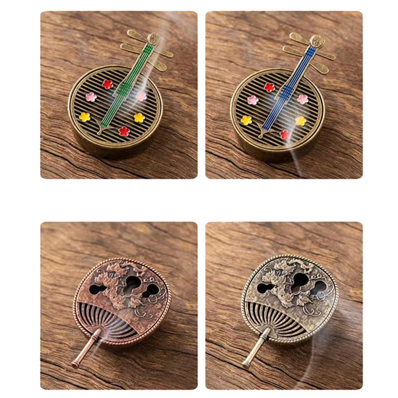 Buddha Stones Small Mini Gourd Fan Pipa Copper Alloy Incense Burner Decoration With Incense Incense Burner BS 12