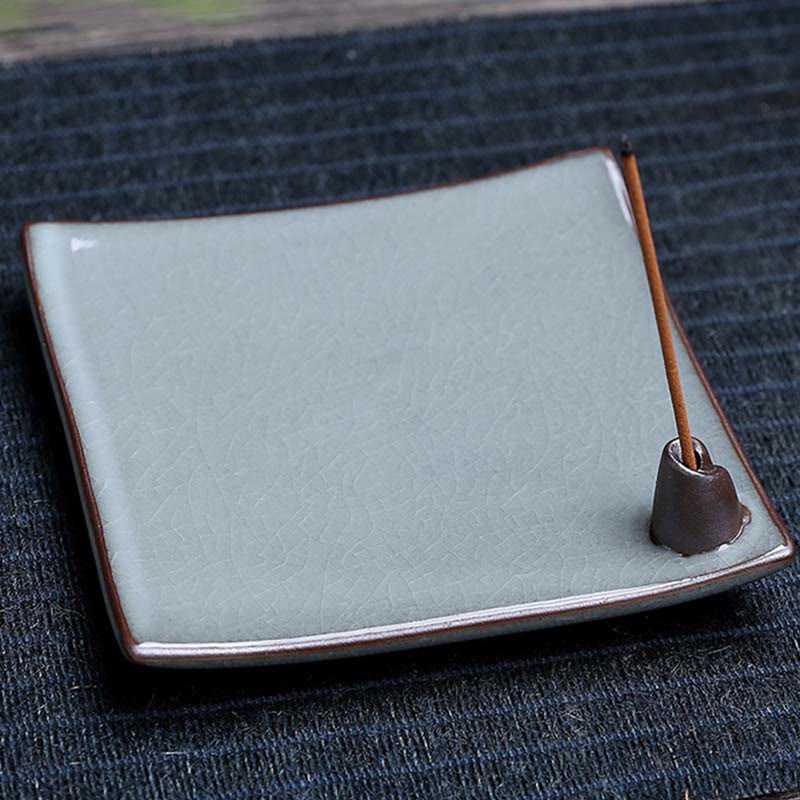 Buddha Stones Lotus Plum Blossom Square Ceramic Spiritual Backflow Incense Burner Incense Burner BS 15