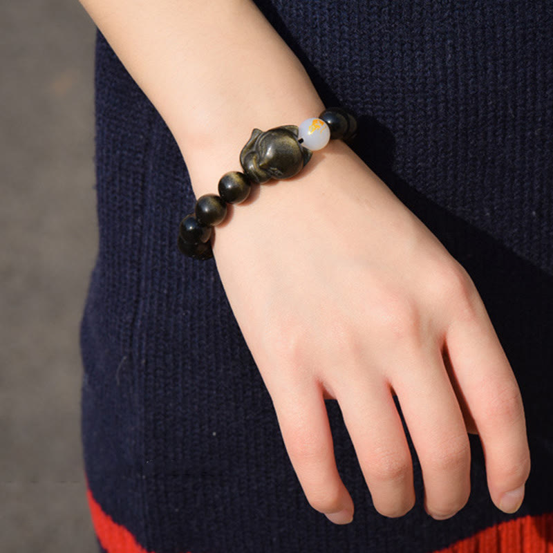 Buddha Stones Natural Rainbow Obsidian Gold Sheen Obsidian Silver Sheen Obsidian Fox Healing Bracelet Bracelet BS 12
