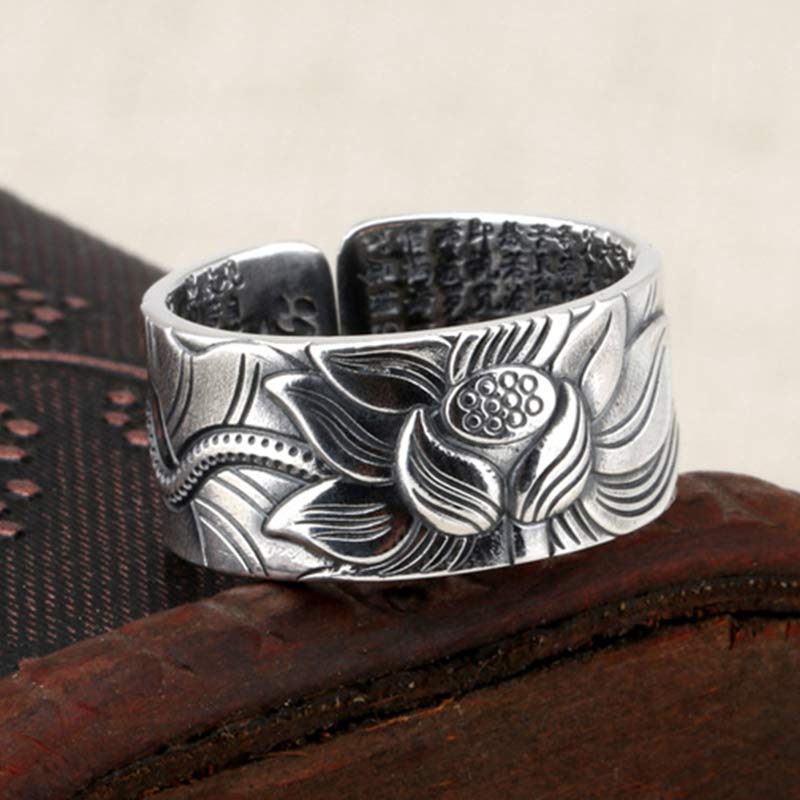 Buddha Stones 999 Sterling Silver Lotus Symbol Heart Sutra Protection Ring Ring BS 1