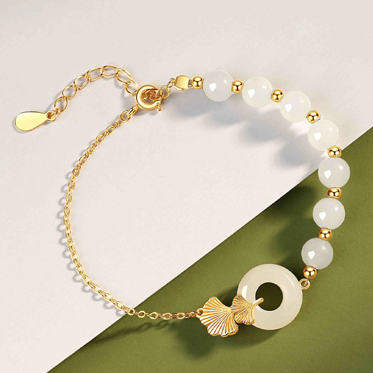 Buddha Stones 925 Sterling Silver Hetian White Jade Peace Buckle Ginkgo Leaf Luck Bracelet Bracelet BS 6
