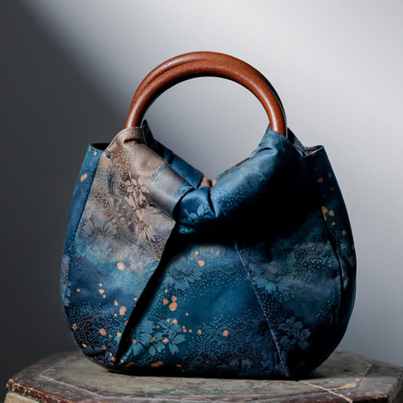 Buddha Stones Handmade Jacquard Flower Blue Wooden Handle Handbag Handbags BS 1