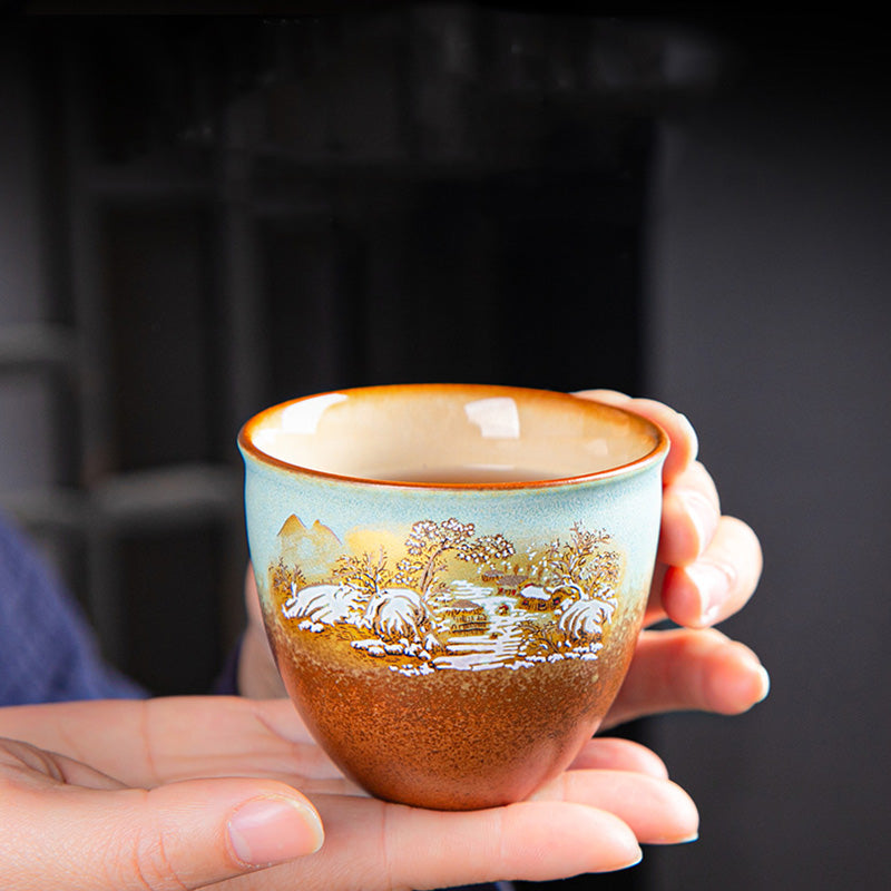 Buddha Stones Colorful Deer Pipa Snow Plum Blossoms Mountains Rivers Bird Ceramic Teacup Kung Fu Tea Cup Bowl Cup BS 7