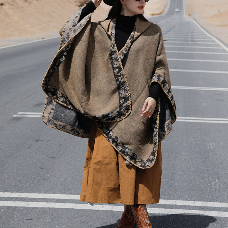 Buddha Stones Tibetan Shawl Border Small Floral Flower Hooded Cloak Winter Cozy Travel Scarf Wrap Tibetan Shawl BS 43