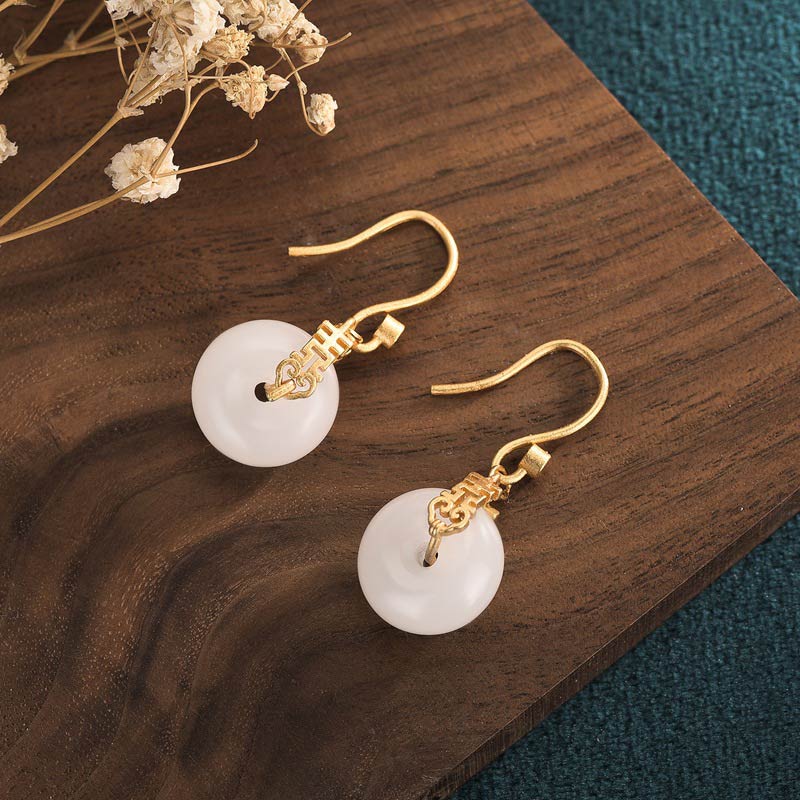 Buddha Stones White Jade Double Happiness Fortune Earrings Earrings BS 2