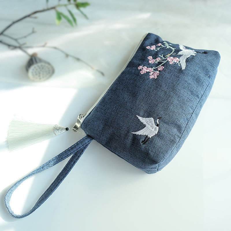 Buddha Stones Small Flower Plum Cherry Crane Peach Blossom Embroidery Canvas Wallet Shopping Purse Purse BS Navy Cherry Crane 21*13cm