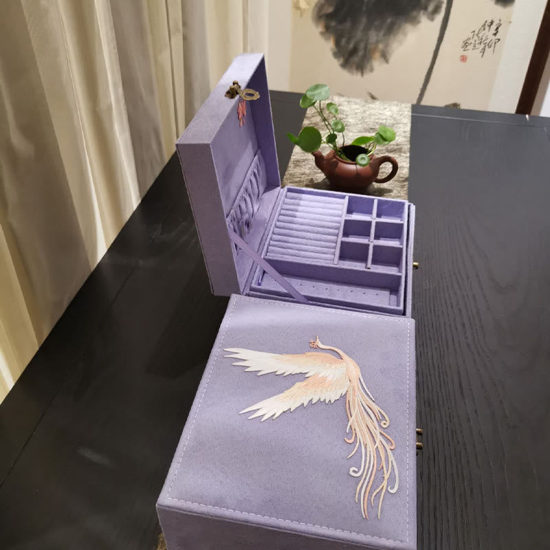 Buddha Stones Purple Phoenix Jewelry Box Organizer Two-Layer Jewelry Storage Box Flannel Box Jewelry Box BS 14