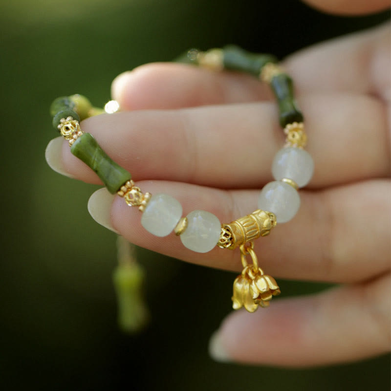 Buddha Stones Green Bamboo Jade Lily of the Valley Wealth Bracelet Bracelet BS Lily of the Valley Bamboo(Perimeter 17+5cm)