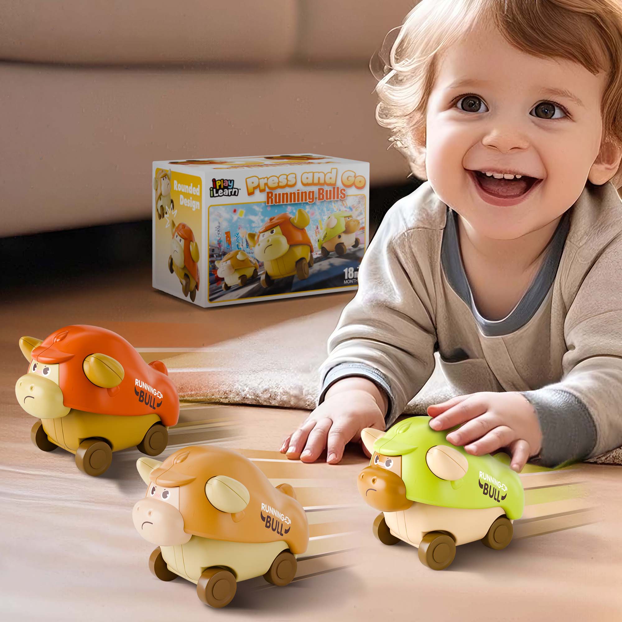 Fidtoy+Press to Go Bull Animal Car Toy Set for Toddlers