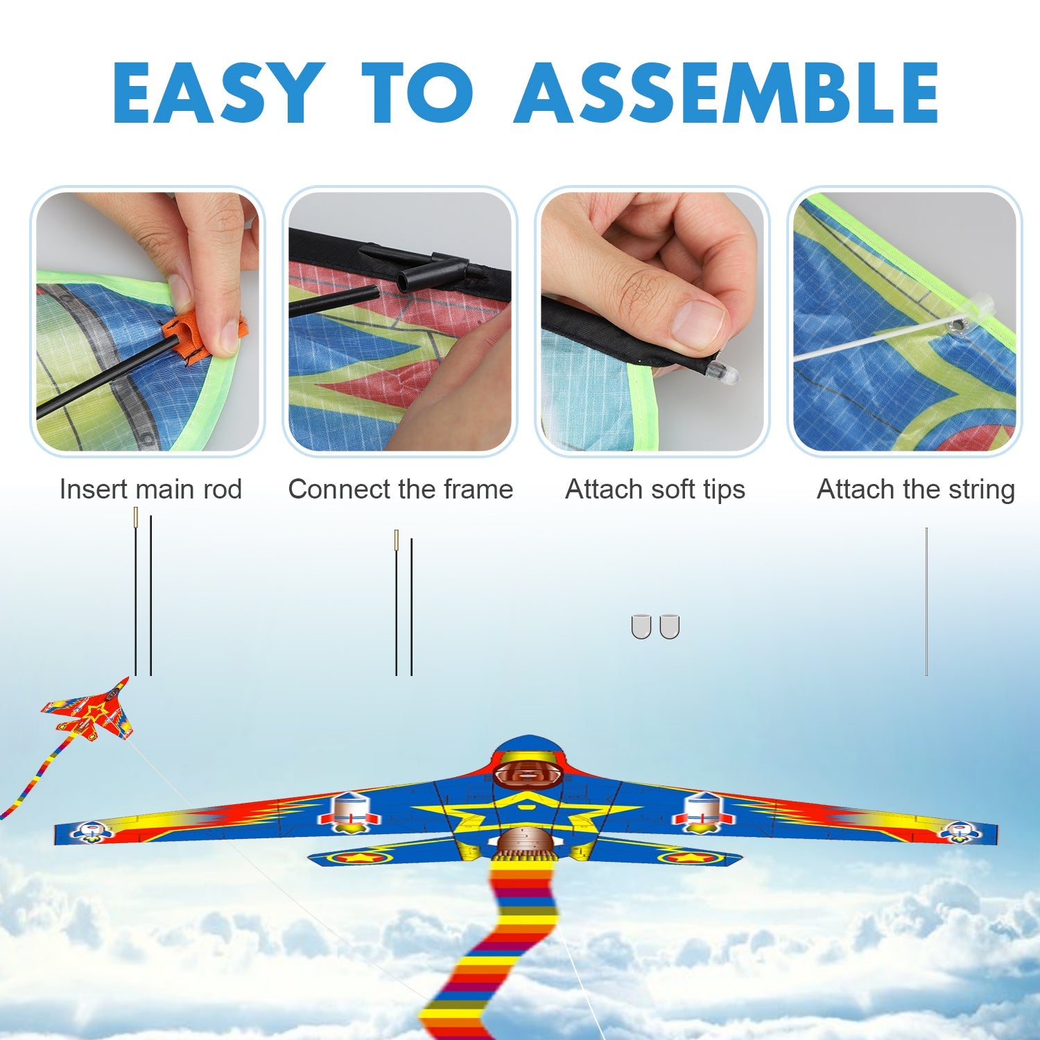 Fidtoy Fighter Plane Kite Set for Kids with 2 Easy Grip Handles