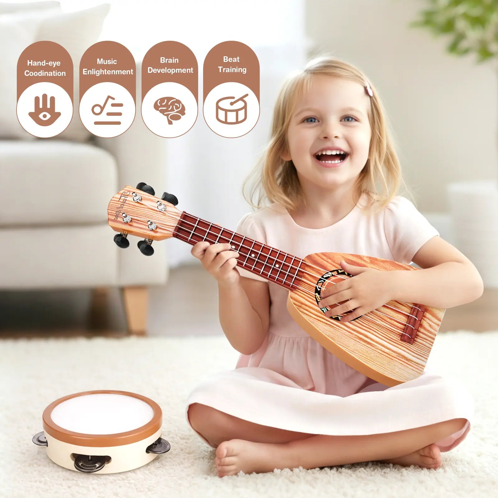 Fidtoy 7-Piece Musical Toys for Toddlers Ukulele Instrument Set Kids Rhythm Learning Toys