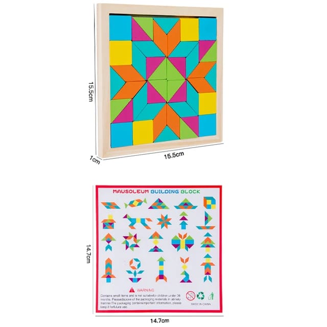 Fidtoy Wooden Geometrical Shapes Pattern Tangram Puzzle Montessori Color Shape Learning Toy for Kids Ages 2 to 6